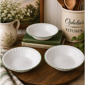 Corelle Soup Salad Cereal Bowls Chutney White Swirl Green Rim 7 1/4" Set of 3